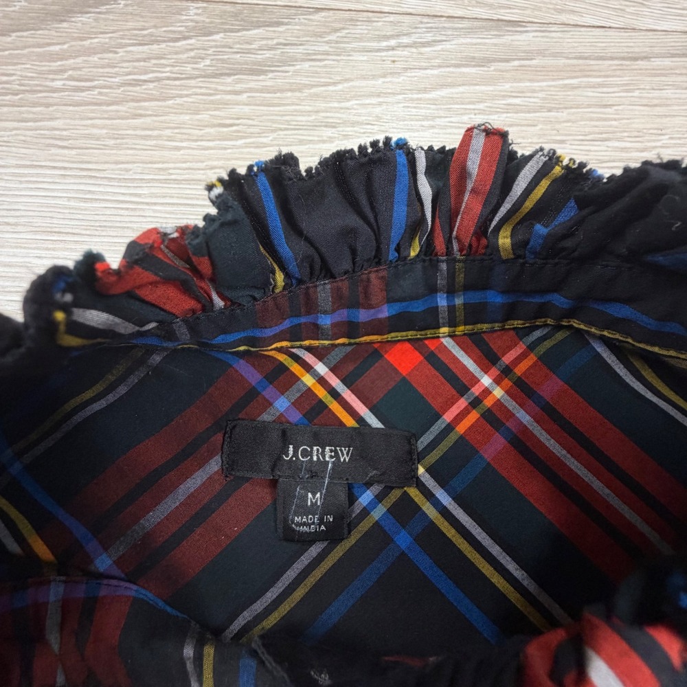 J.Crew Womens Red Tartan Plaid Ruffle Trim Cotton Top‎ Long Sleeve Medium - Picture 2 of 9